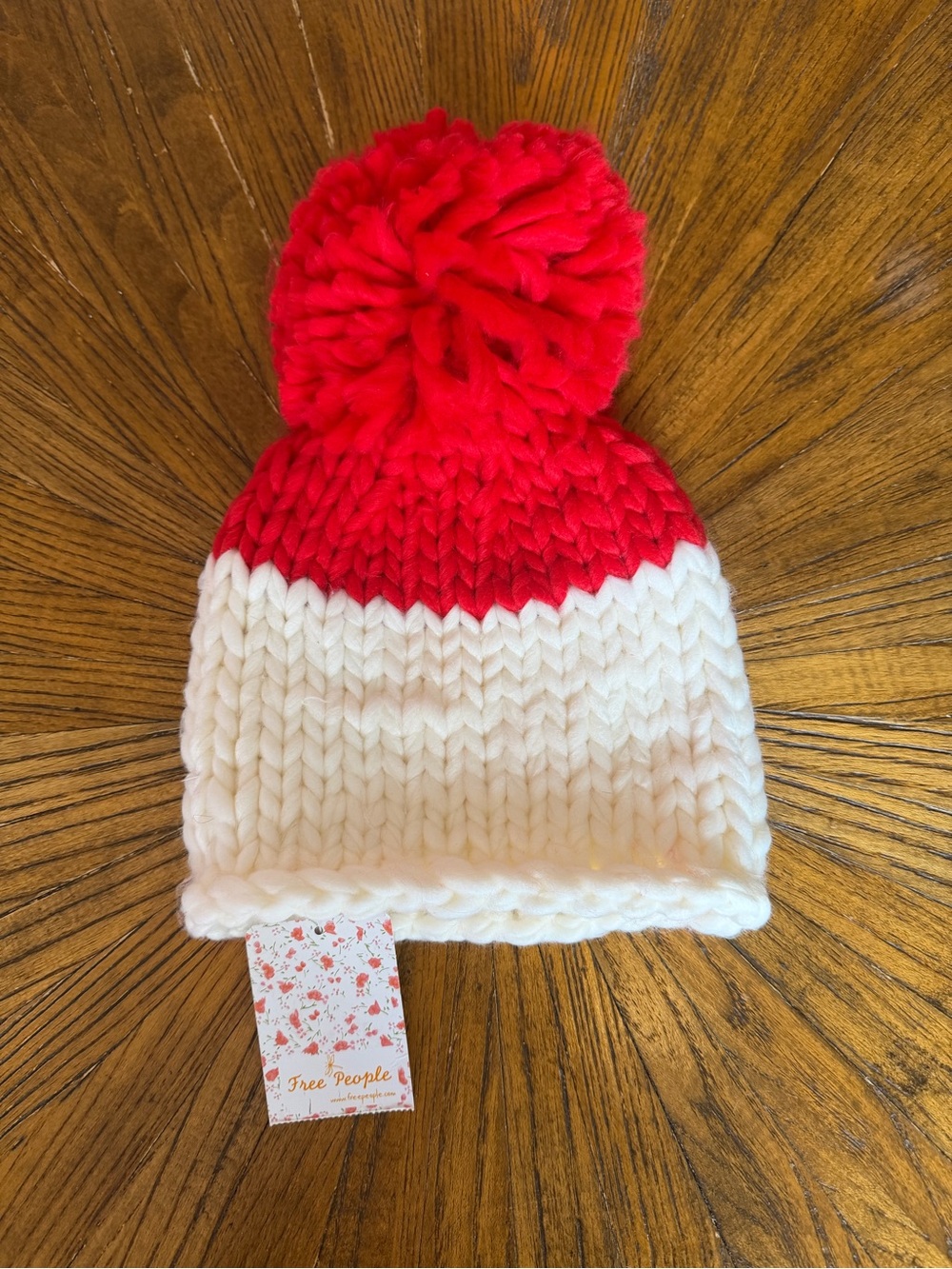 Free People Red and White Pom Pom Knit Beanie